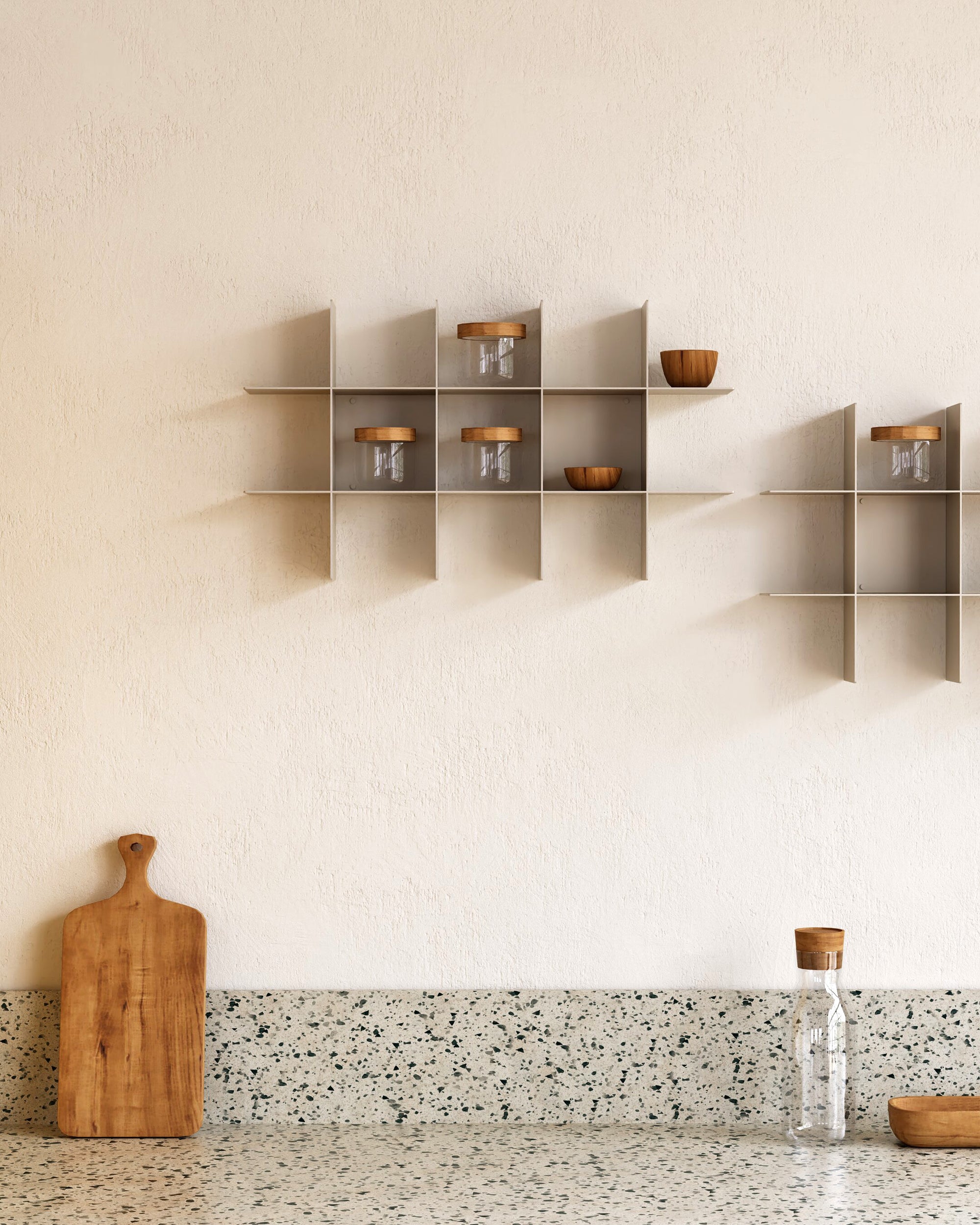 White modular wall shelf  with bars in kitchen