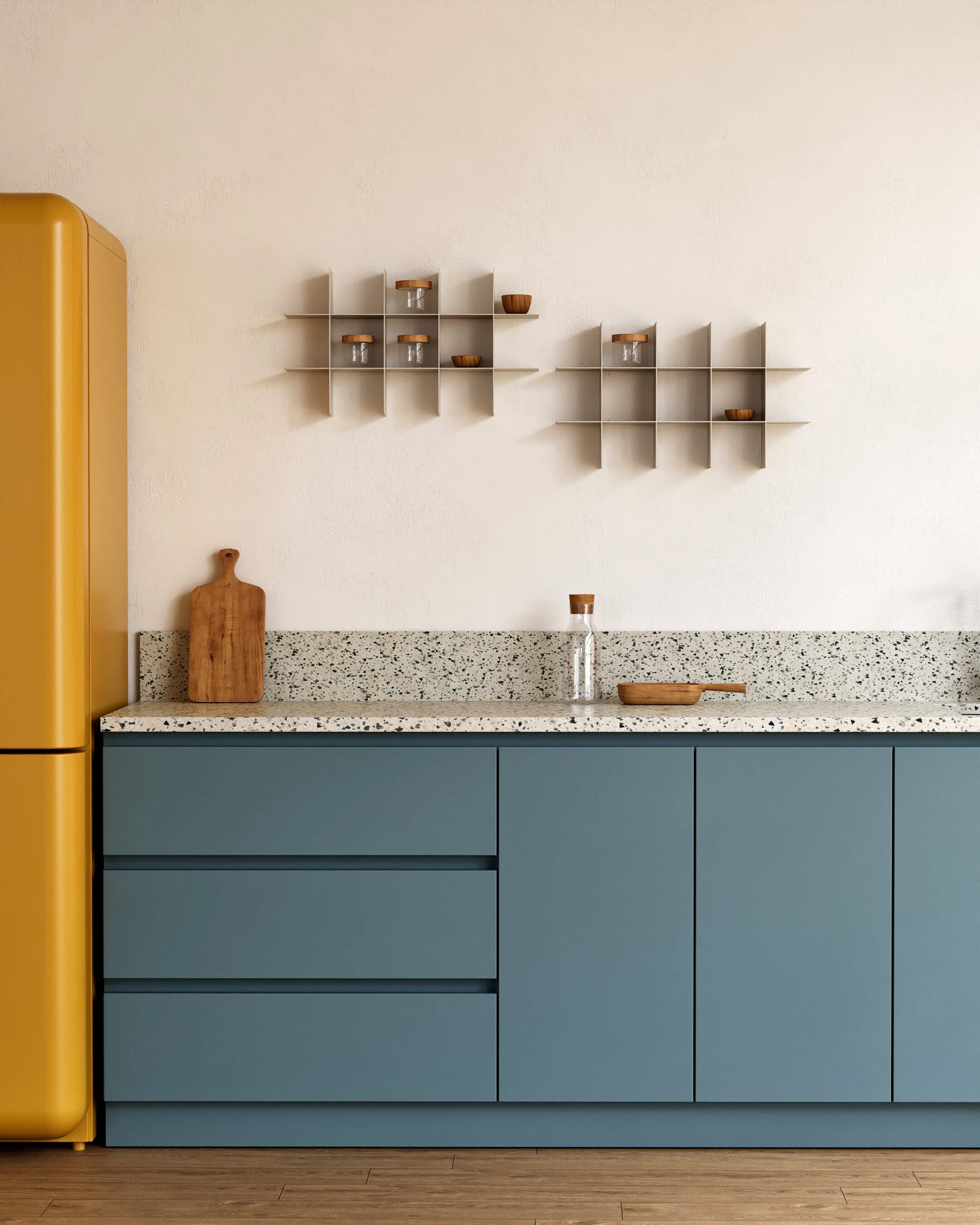 White modular wall shelf  with bars in blue kitchen