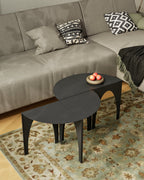 Black modular coffee table arranged in long shape in front of sofa